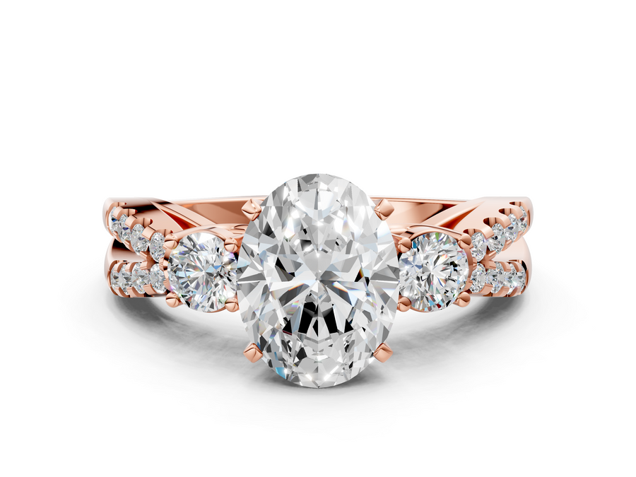 Rose gold Oval Cut Diamond Three-Stone Ring with Pavé Split Shank and Four-Prong Setting