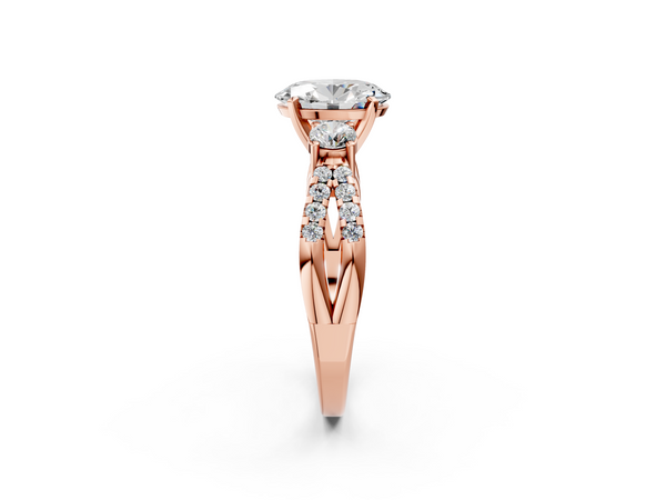Rose gold Oval Cut Diamond Three-Stone Ring with Pavé Split Shank and Four-Prong Setting