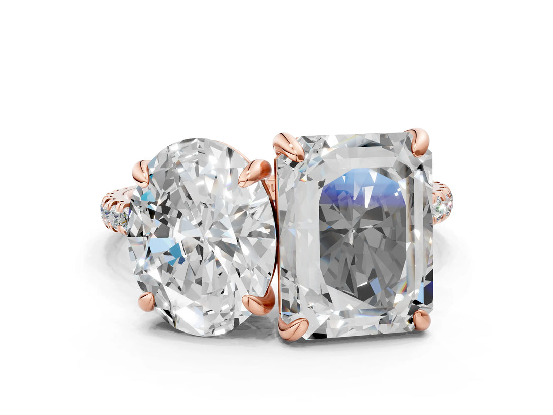 Rose gold Oval and Emerald Toi Moi Ring with Prong Setting and Micro Pave Band