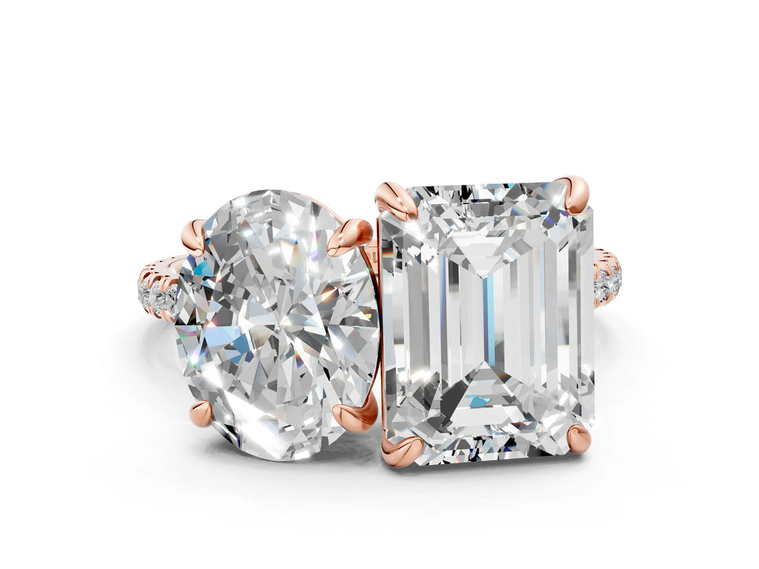 Rose gold Oval and Emerald Toi Moi Ring with Prong Setting and Pave Band