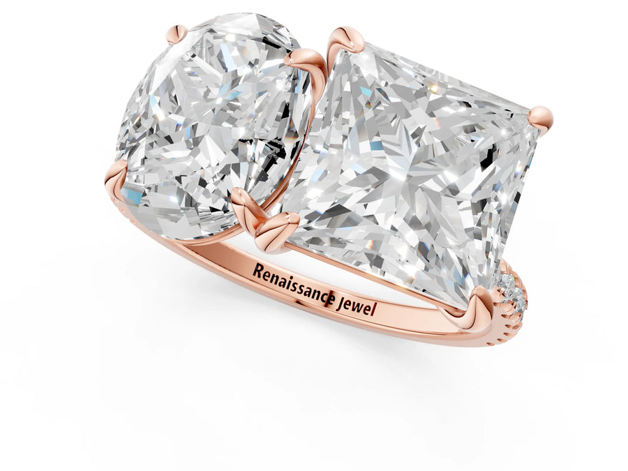 Rose gold Oval and Princess Toi Moi Ring with Prong Setting and Micro Pave Band