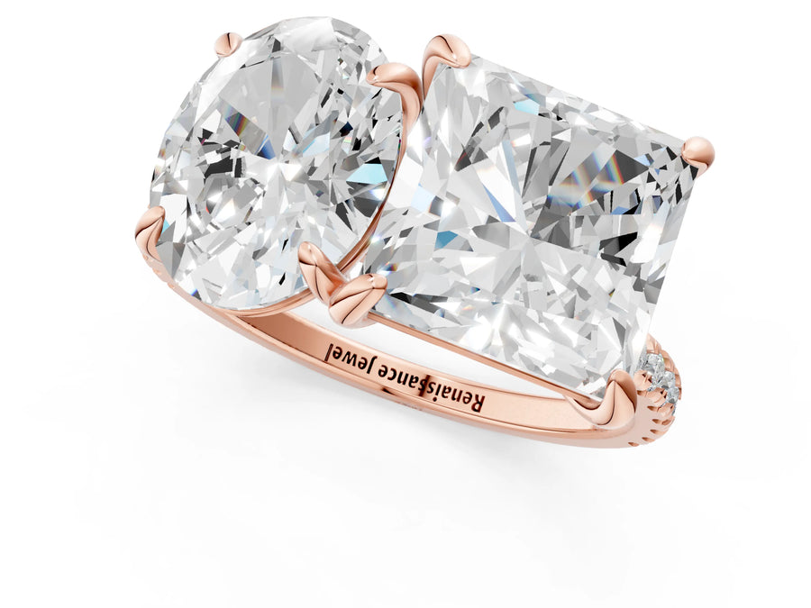 Rose gold Oval and Princess Toi Moi Ring with Prong Setting and Pave Band