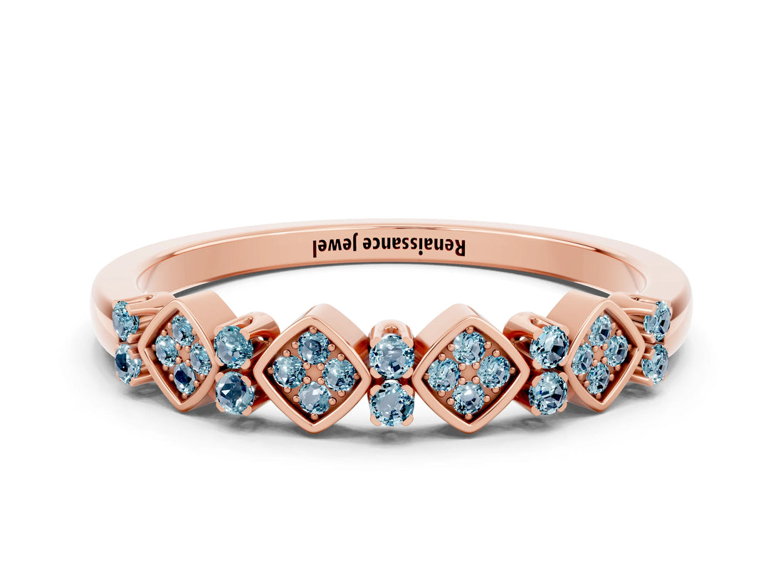 Rose gold Pavé Cushion Aquamarine Cluster Eternity Band with Prong Setting_18