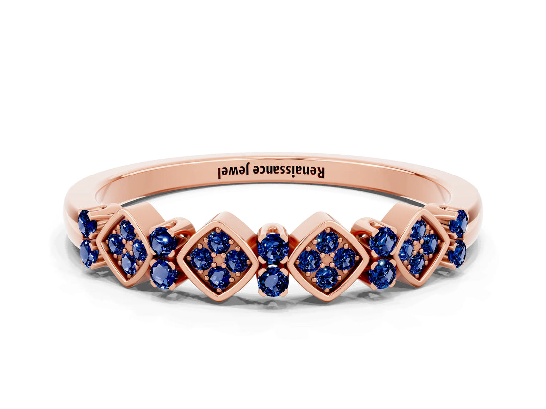 Rose gold Pavé Cushion Blue Sapphire Cluster Eternity Band with Prong Setting_18