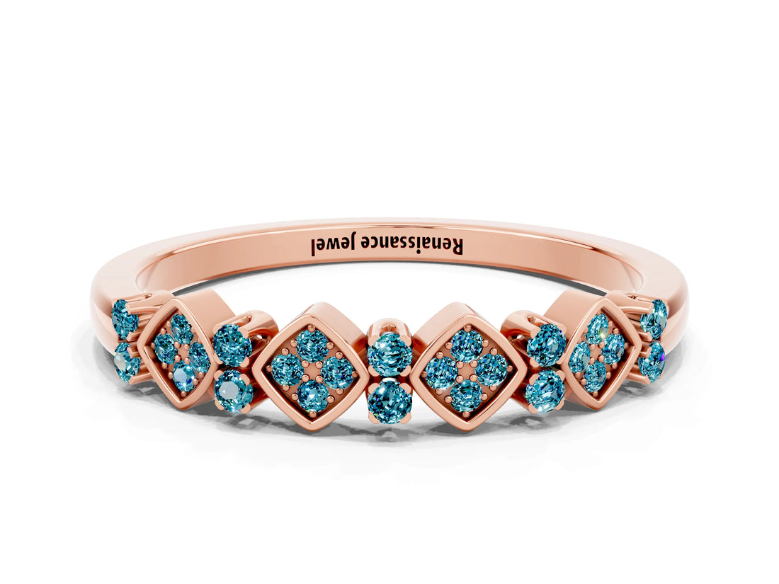 Rose gold Pavé Cushion Blue Topaz Cluster Eternity Band with Prong Setting_18