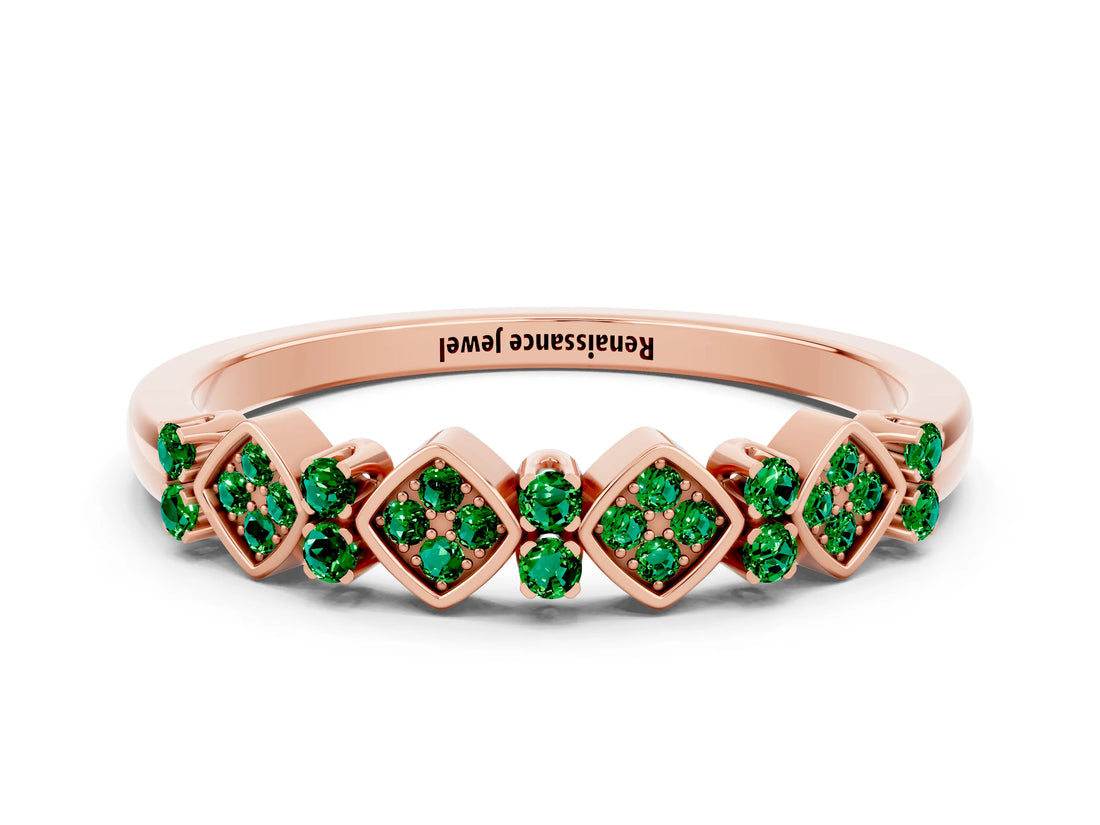Rose gold Pavé Cushion Emerald Cluster Eternity Band with Prong Setting_18