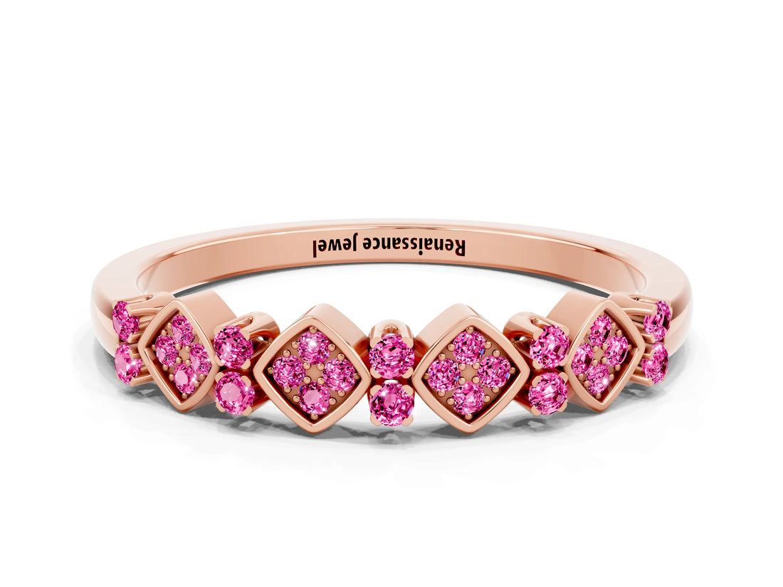 Rose gold Pavé Cushion Pink Sapphire Cluster Eternity Band with Prong Setting_18