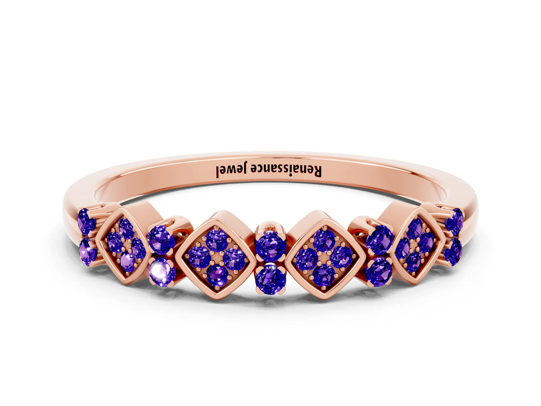 Rose gold Pavé Cushion Tanzanite Cluster Eternity Band with Prong Setting_18