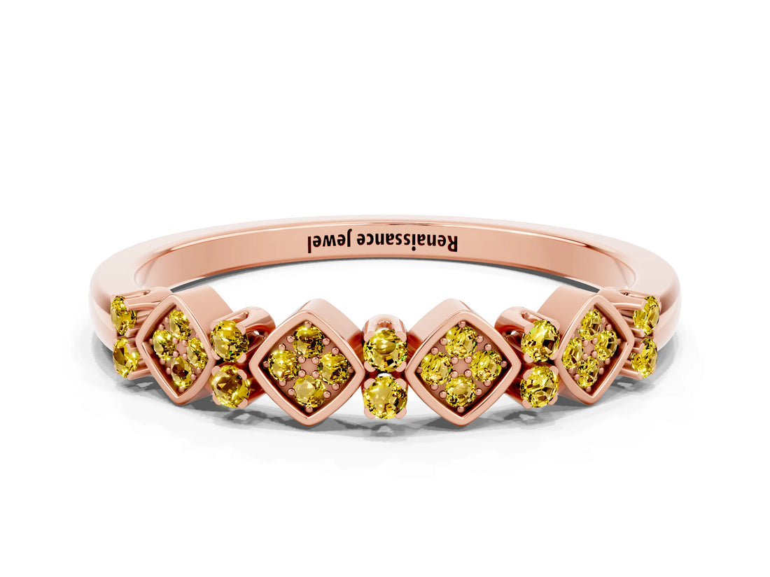 Rose gold Pavé Cushion Yellow Sapphire Cluster Eternity Band with Prong Setting_18