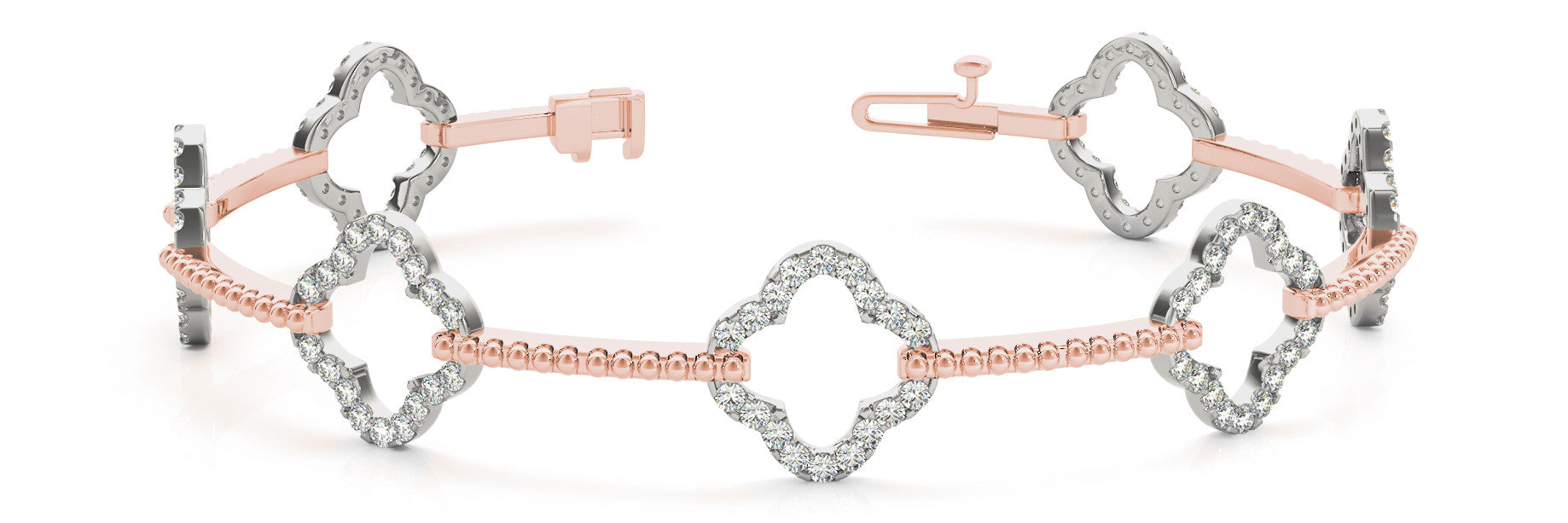 Rose gold Pavé Diamond Clover Link Bracelet with Beaded Band and Four-Prong Setting