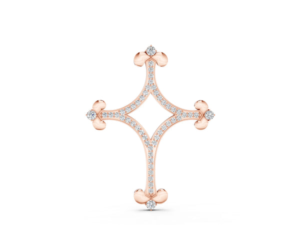 Rose gold Pavé Diamond Cushion Cross Pendant with Fleur-de-Lis Prongs