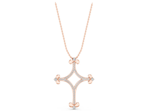 Rose gold Pavé Diamond Cushion Cross Pendant with Fleur-de-Lis Prongs