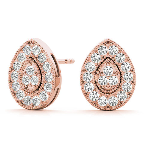 Rose gold Pavé Pear-Shaped Halo Stud Earrings with Milgrain Detailing 2