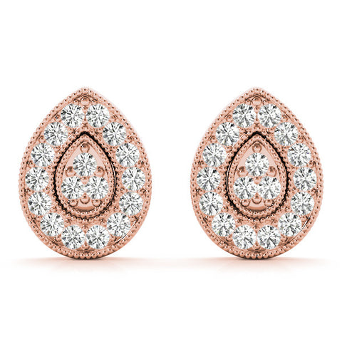 Rose gold Pavé Pear-Shaped Halo Stud Earrings with Milgrain Detailing