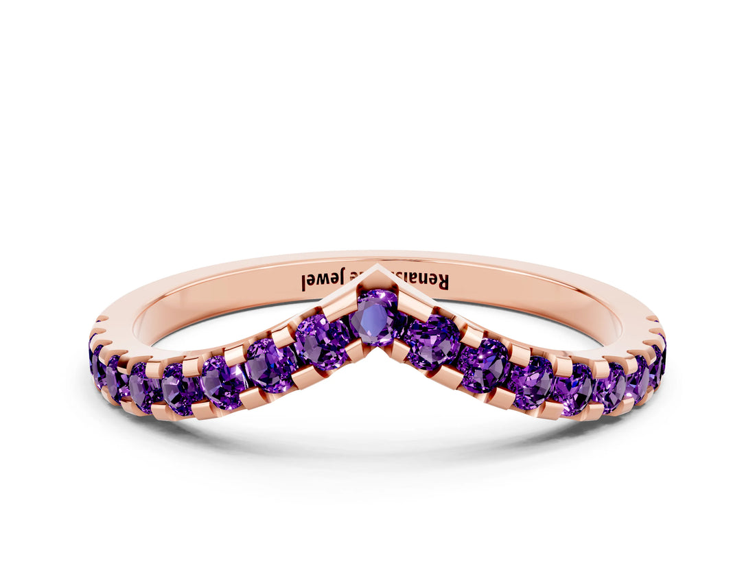 Rose gold Pavé Round Amethyst Chevron Band with Shared Prong Setting_6