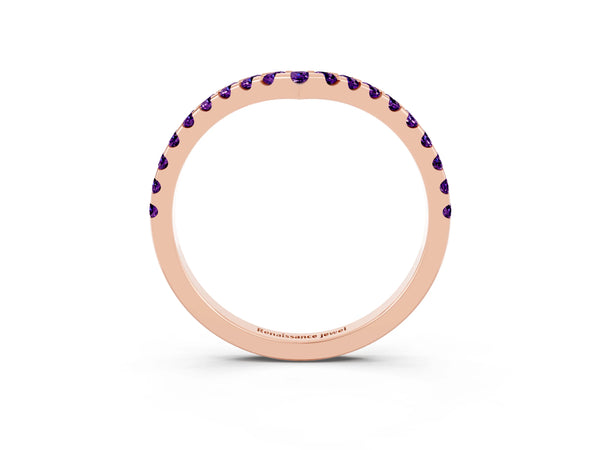 Rose Gold Round Amethyst Pave Chevron Curved Wedding Band with Shared Prongs
