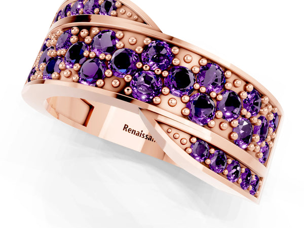 Rose gold Pavé Round Amethyst Crossover Band with Bead Prong Setting
