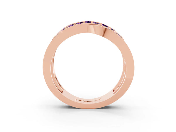 Rose gold Pavé Round Amethyst Crossover Band with Bead Prong Setting