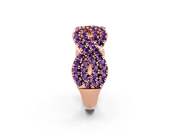 Rose Gold Round Amethyst Pave Infinity Twist Wedding Band with Shared Prongs