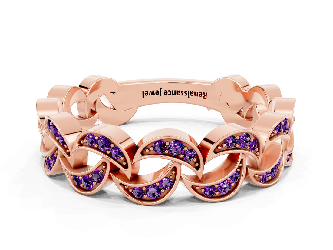 Rose gold Pavé Round Amethyst Interlocking Eternity Band with Bezel Prong Setting_6