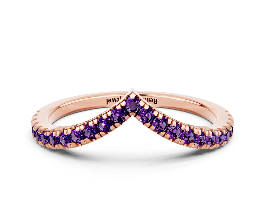 Rose gold Pavé Round Amethyst V-Shaped Chevron Band with Shared Prong Setting_6