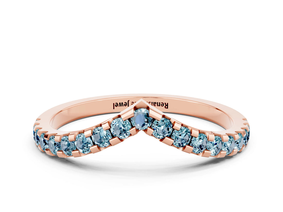 Rose gold Pavé Round Aquamarine Chevron Band with Shared Prong Setting_6