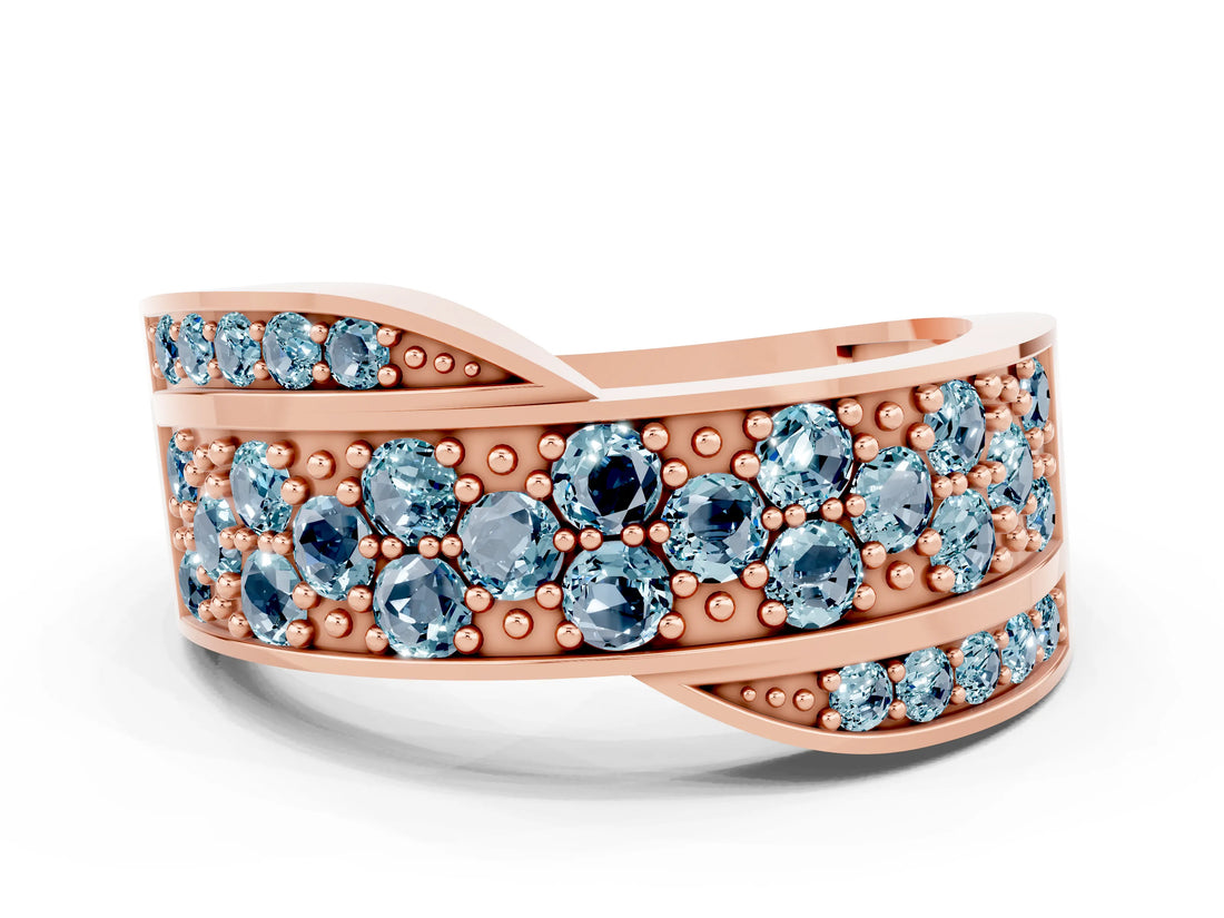 Rose gold Pavé Round Aquamarine Crossover Band with Bead Prong Setting_6