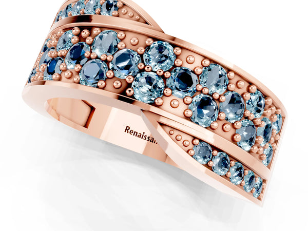 Rose gold Pavé Round Aquamarine Crossover Band with Bead Prong Setting