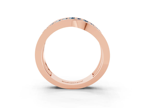 Rose gold Pavé Round Aquamarine Crossover Band with Bead Prong Setting