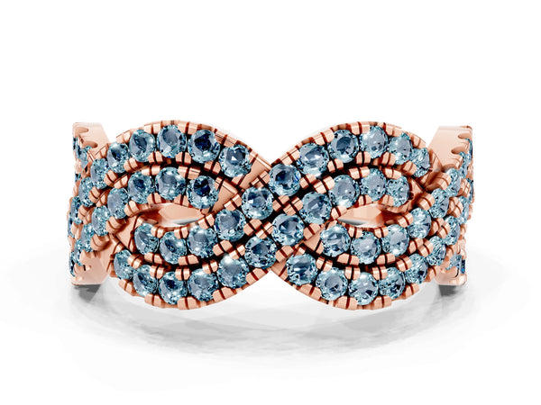Rose Gold Round Aquamarine Pave Infinity Twist Wedding Band with Shared Prongs