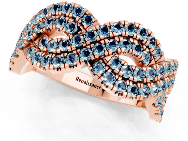 Rose Gold Round Aquamarine Pave Infinity Twist Wedding Band with Shared Prongs