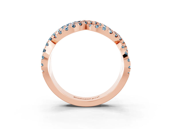 Rose Gold Round Aquamarine Pave Infinity Twist Wedding Band with Shared Prongs