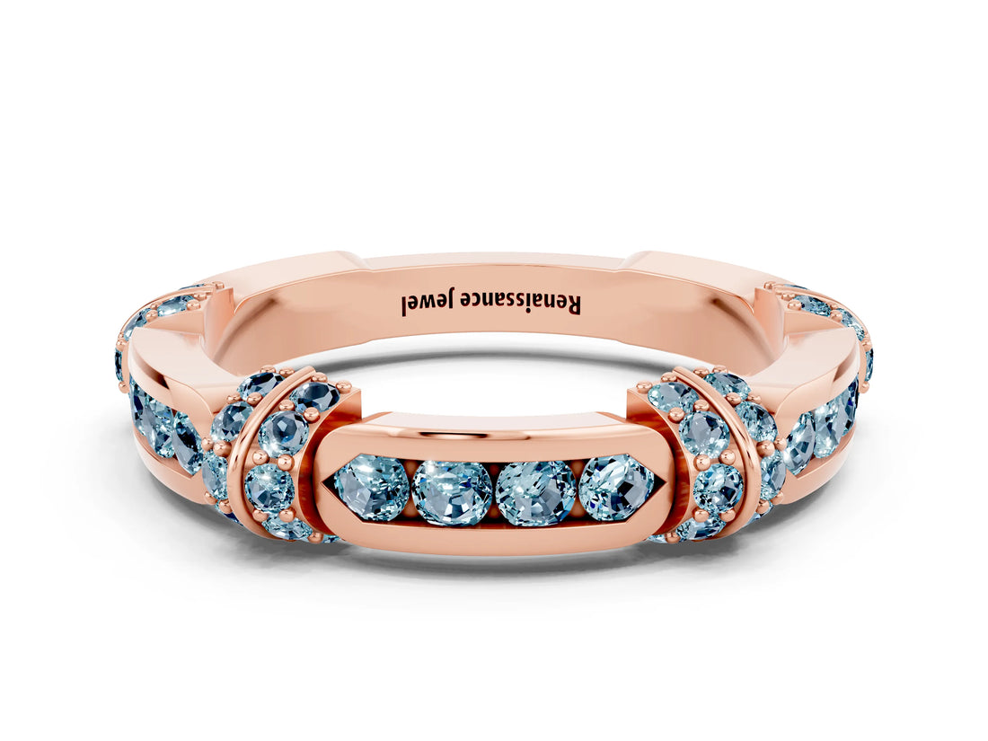 Rose gold Pavé Round Aquamarine Link Band with Bezel Setting_30