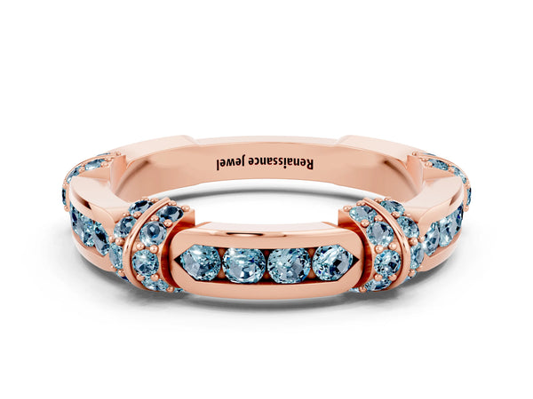 Rose Gold Aquamarine Pave Link Wedding Band with Channel Set Top Panel