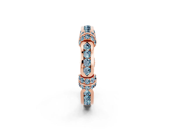 Rose Gold Aquamarine Pave Link Wedding Band with Channel Set Top Panel
