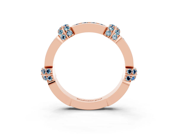 Rose Gold Aquamarine Pave Link Wedding Band with Channel Set Top Panel