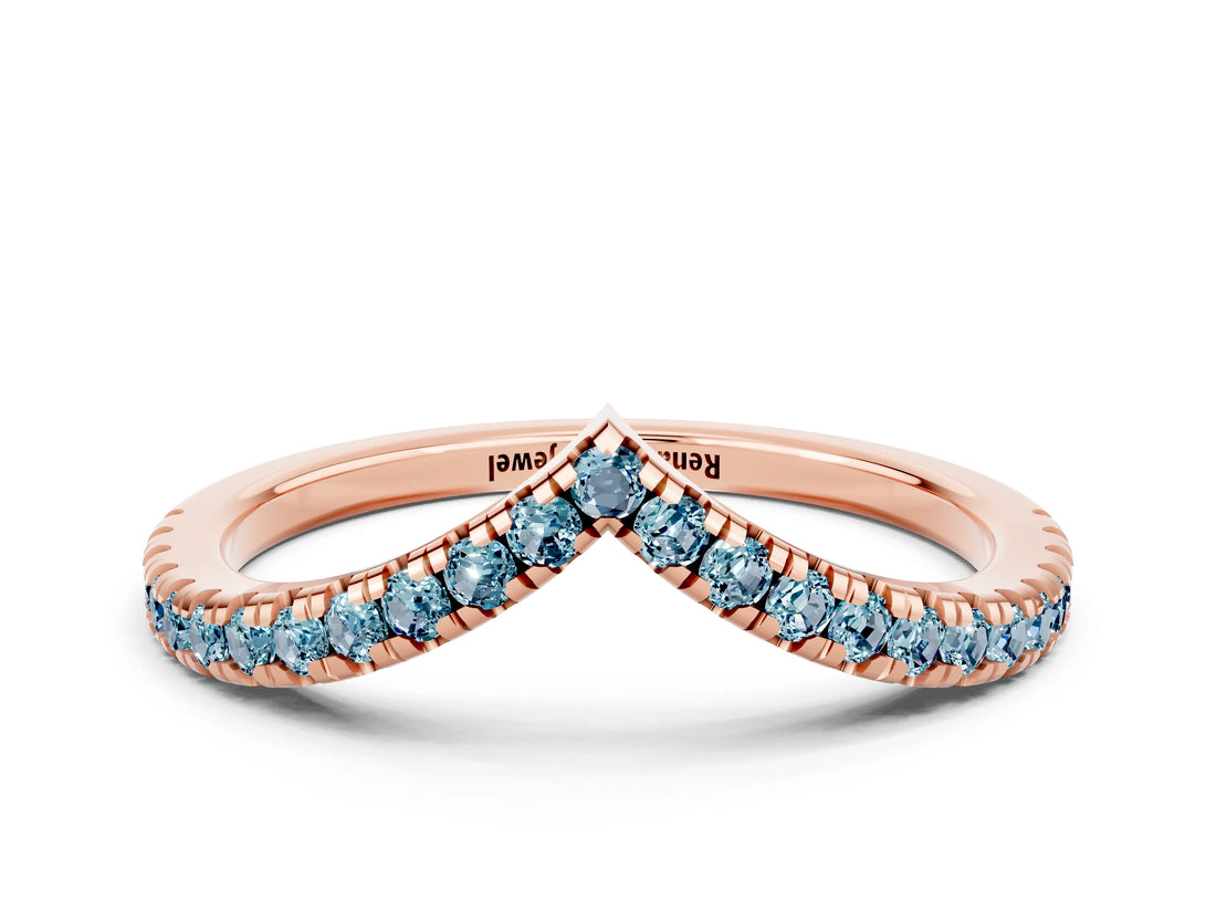 Rose gold Pavé Round Aquamarine V-Shaped Chevron Band with Shared Prong Setting_6