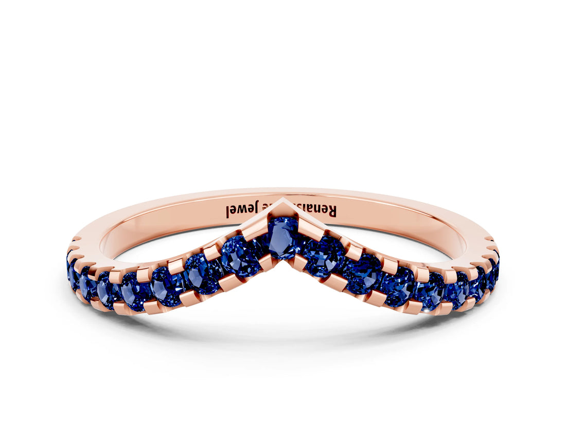 Rose gold Pavé Round Blue Sapphire Chevron Band with Shared Prong Setting_6