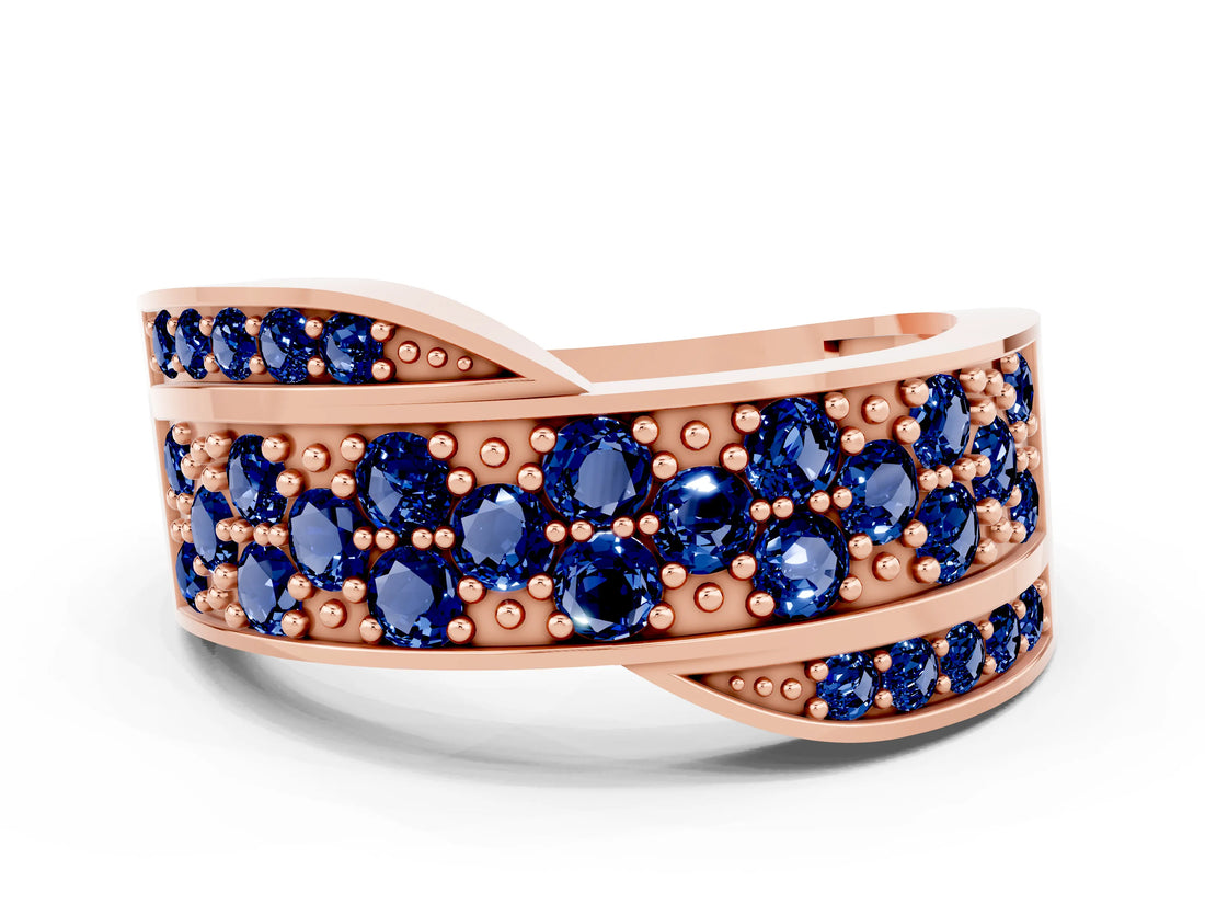 Rose gold Pavé Round Blue Sapphire Crossover Band with Bead Prong Setting_6