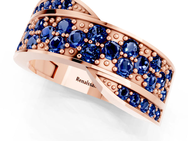 Rose gold Pavé Round Blue Sapphire Crossover Band with Bead Prong Setting