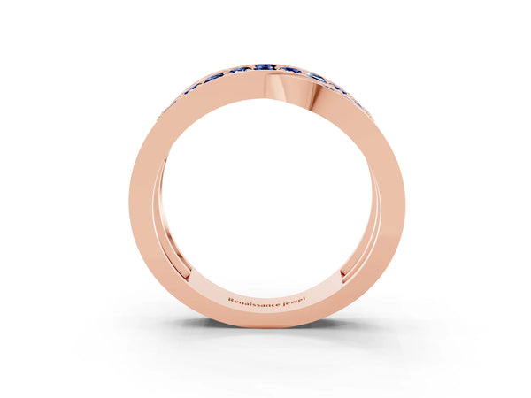 Rose gold Pavé Round Blue Sapphire Crossover Band with Bead Prong Setting