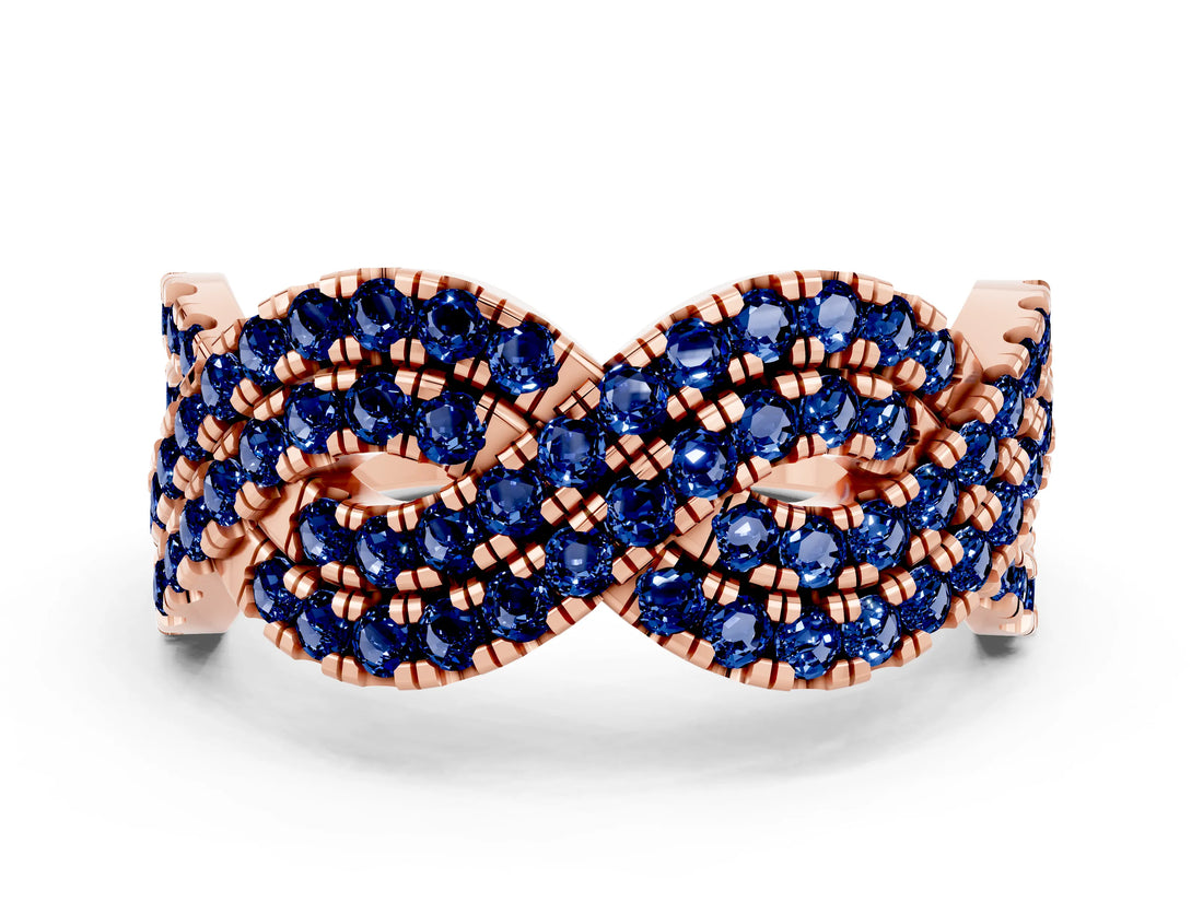 Rose gold Pavé Round Blue Sapphire Infinity Twist Band with Shared Prong Setting_6