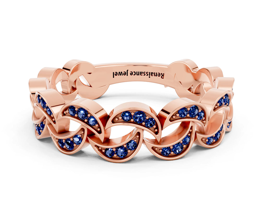 Rose gold Pavé Round Blue Sapphire Interlocking Eternity Band with Bezel Prong Setting_6
