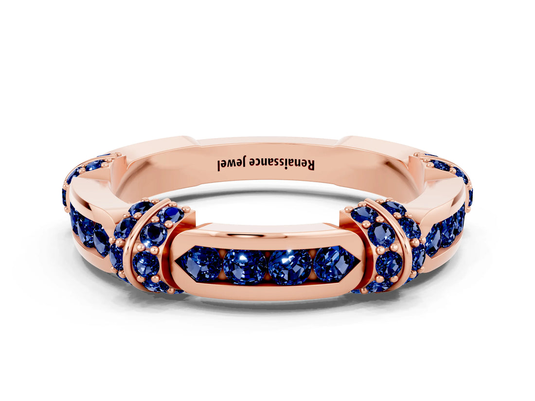 Rose gold Pavé Round Blue Sapphire Link Band with Bezel Setting_30