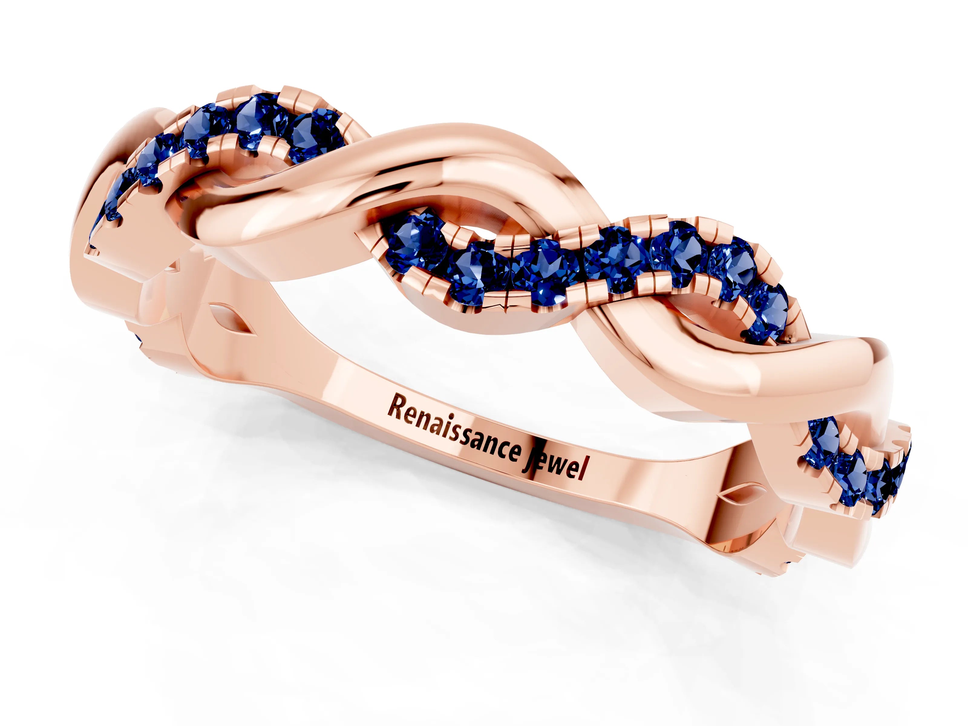 Rose gold Pavé Round Blue Sapphire Twist Eternity Band with Shared Prong Setting_7
