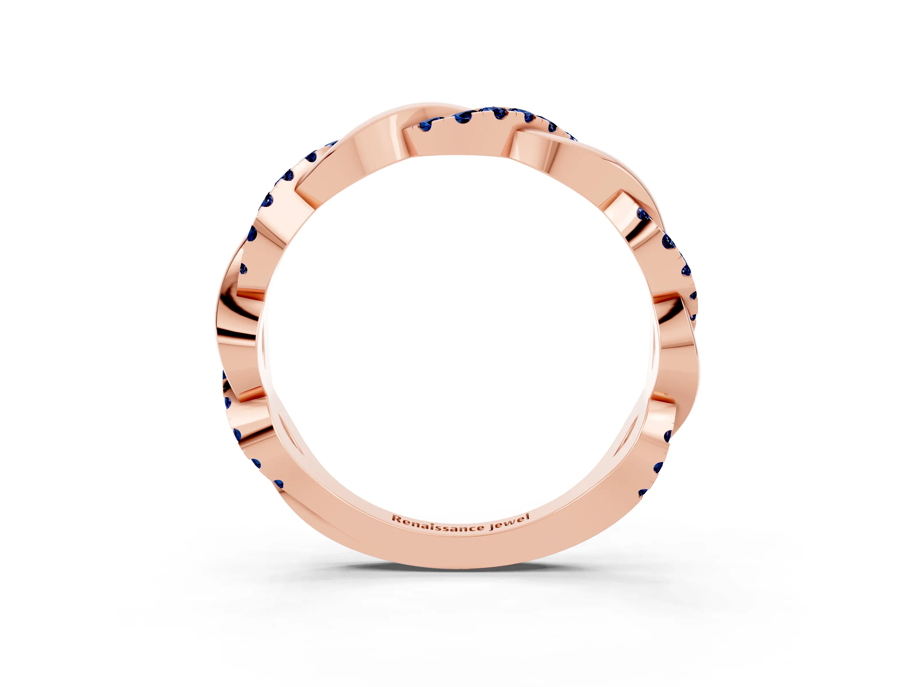 Rose gold Pavé Round Blue Sapphire Twist Eternity Band with Shared Prong Setting_9