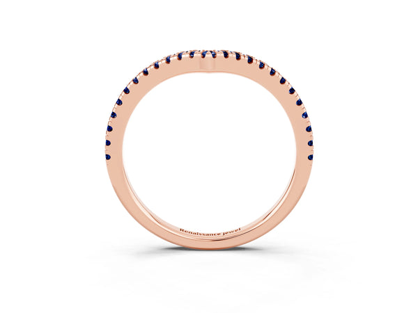 Rose Gold Round Lab-Grown Blue Sapphire V Chevron Pave Wedding Band with Shared Prongs