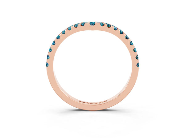 Rose Gold Round Blue Topaz Pave Chevron Curved Wedding Band with Shared Prongs
