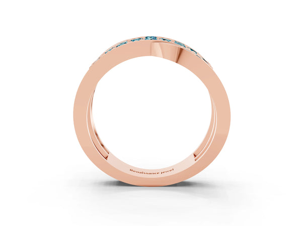 Rose gold Pavé Round Blue Topaz Crossover Band with Bead Prong Setting