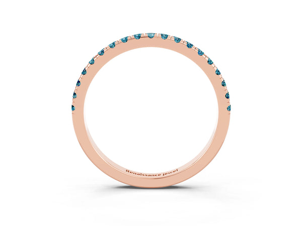 Rose Gold Round Blue Topaz Slim Pave Half Eternity Band with Shared Prongs